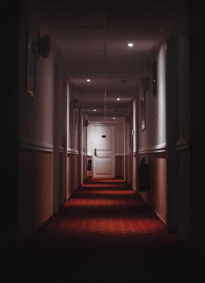 A dark, atmospheric hotel hallway with elegant interior design and rich red carpet.