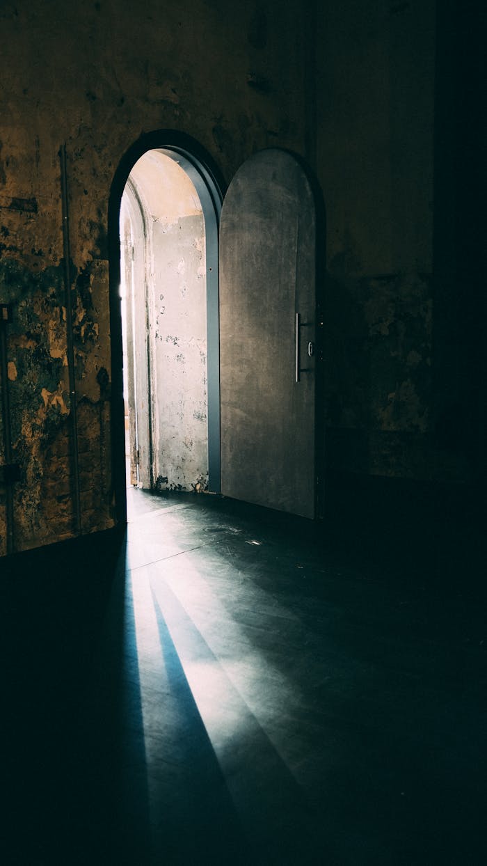 A mysterious light streams through a partially open arched doorway in a dark room.