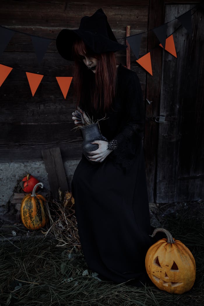 A mysterious witch with dark lipstick holds a cauldron in a halloween setting.