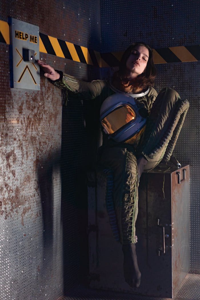 A woman in a spacesuit sits in a metallic setting, pressing a help button.