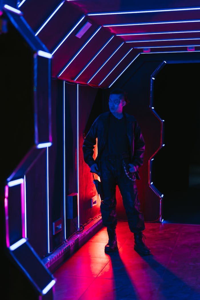 A man in a cyberpunk setting with vibrant neon lights and futuristic style.